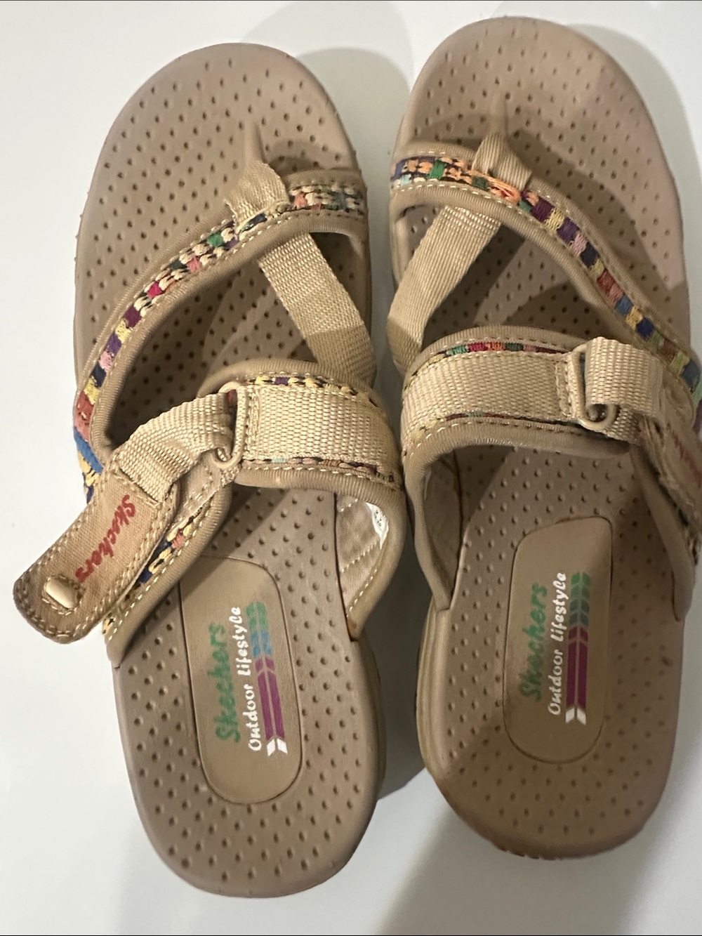 Boho Skechers Tan Toe-Ring Sandal with Multicolor Trim Sz 6 - Picture 6 of 8